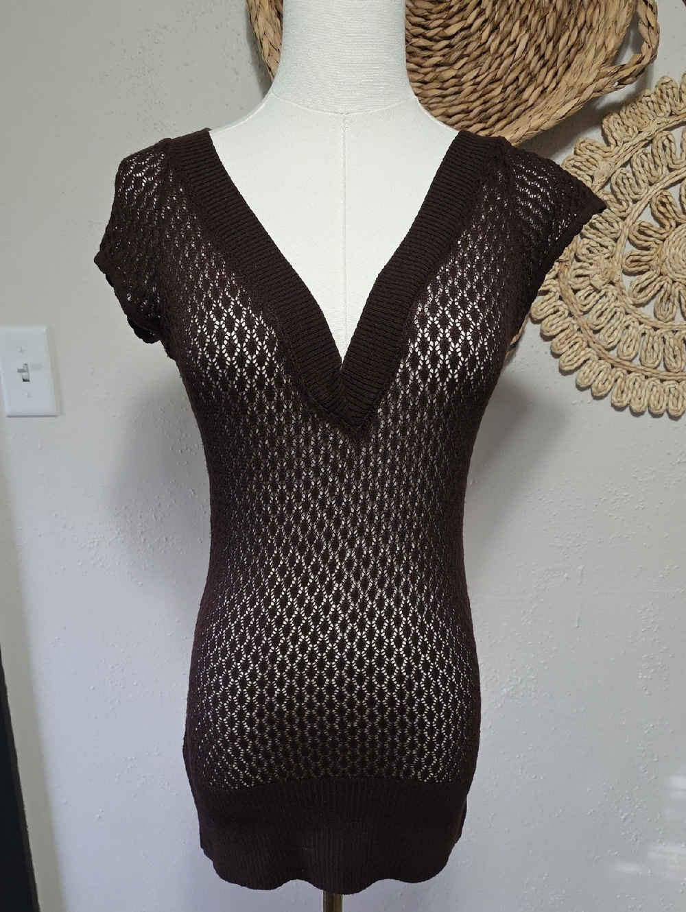 Vtg Soulmates Heart & Soul Brown Crocheted Cap Sleeves y2k Sweater Junior Small